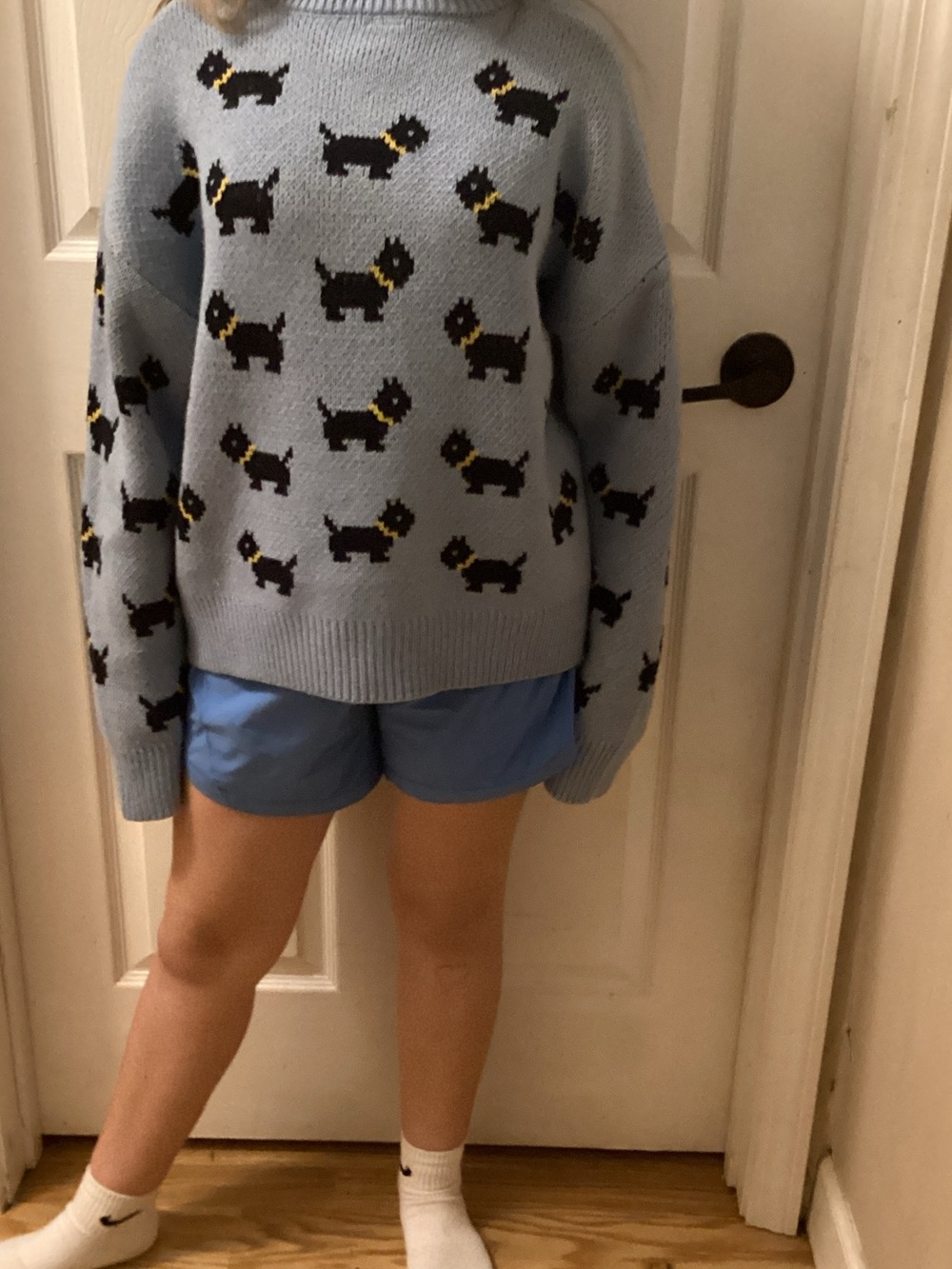 No Boundaries Light Blue Sweater with Black Dog Pattern
